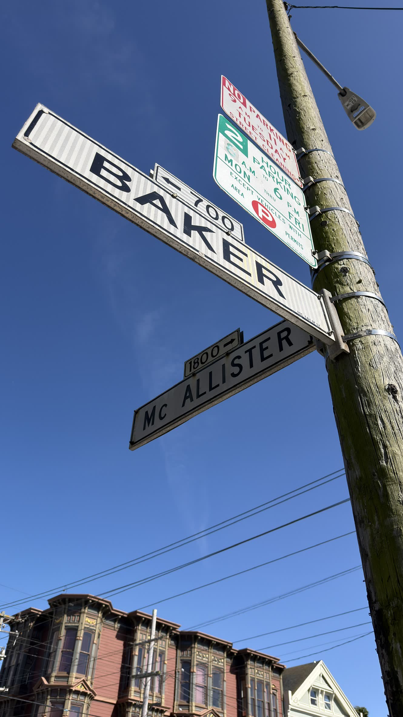 Baker Street and McAllister Street signs at the corner where Mc Baker Market & Deli sits in San Francisco